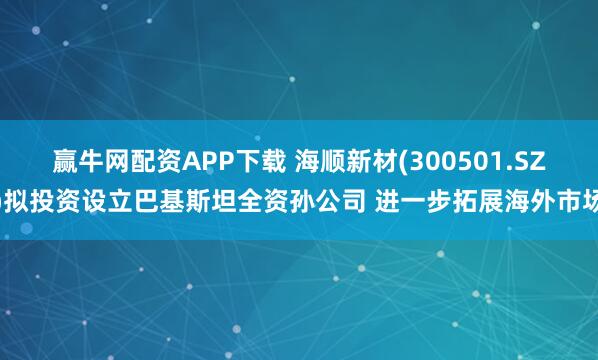 赢牛网配资APP下载 海顺新材(300501.SZ)拟投资设立巴基斯坦全资孙公司 进一步拓展海外市场